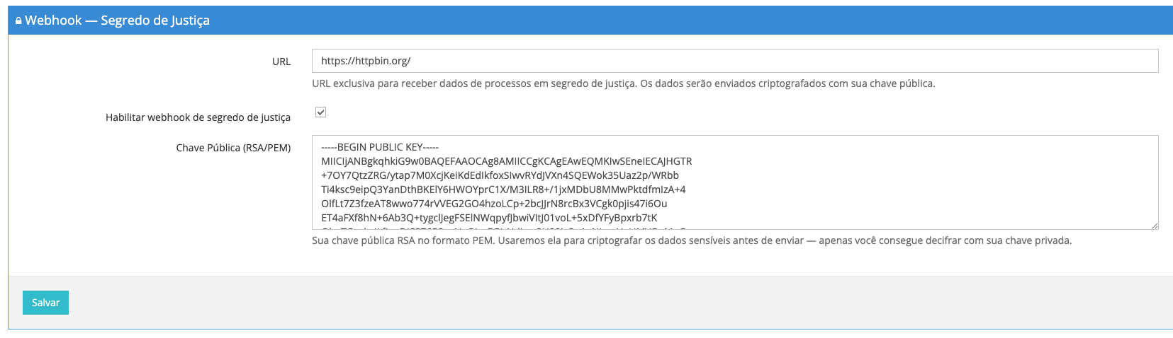 Painel de configuração do Webhook — Segredo de Justiça